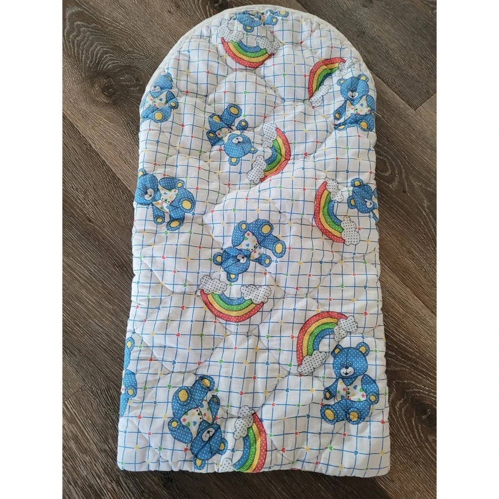 Vintage Quilted Baby Bunting Sleeping Bag Blue Bears Rainbows Hooded Zip #2